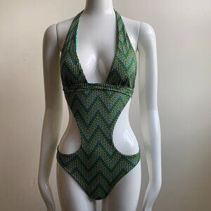 Sauvage Green printed monokini cut out one piece swimsuit